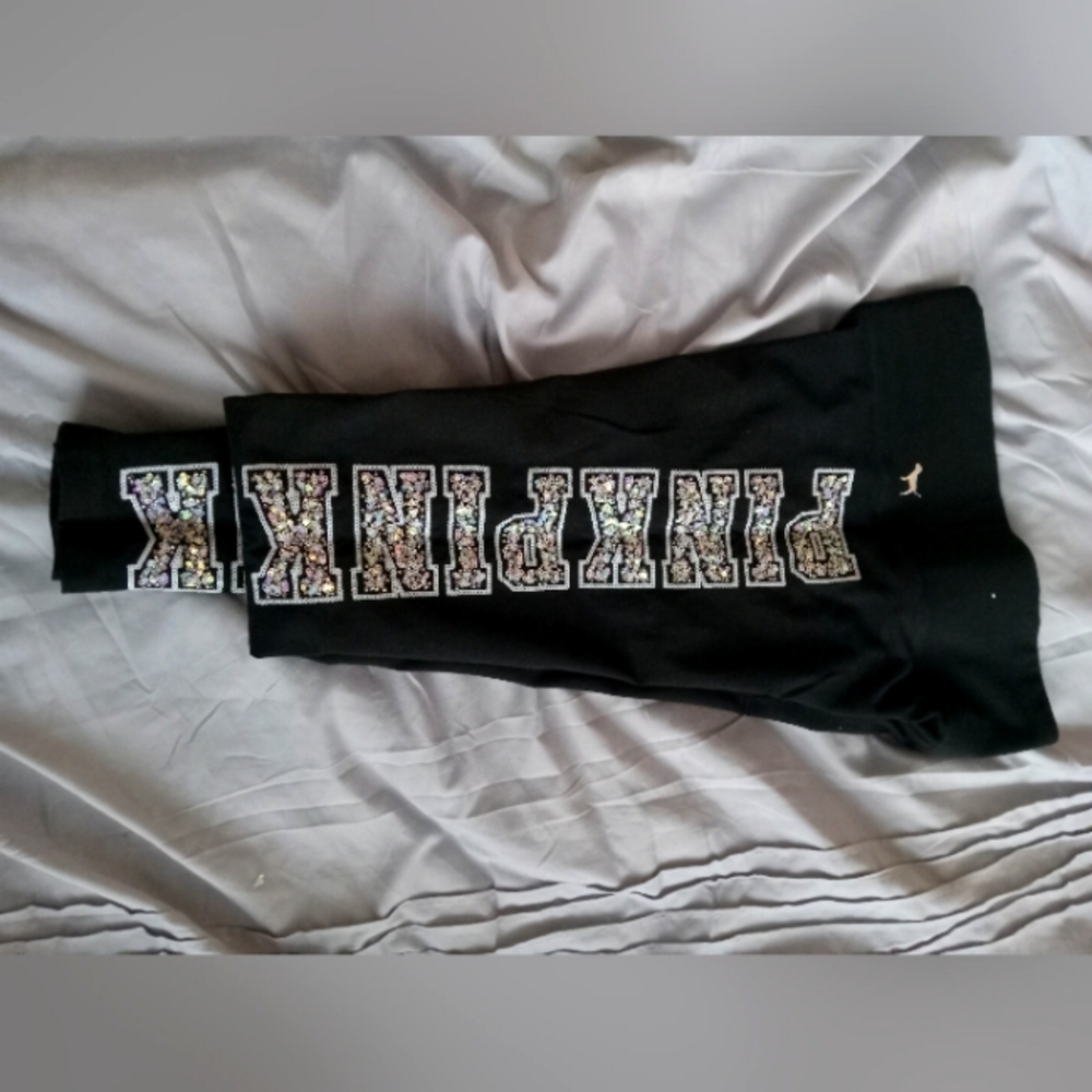 Pink embellished sequin and jeweled logo leggings xs